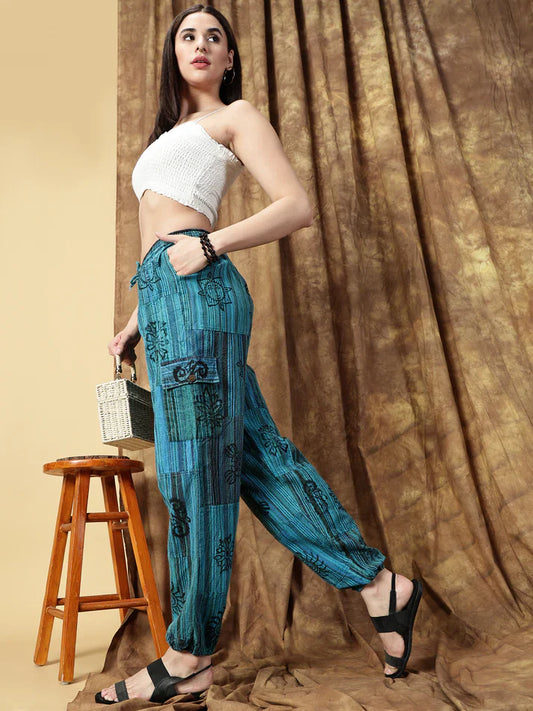 Mystic Ocean Nepali Patchwork Boho Free Size Blue Harem Pants