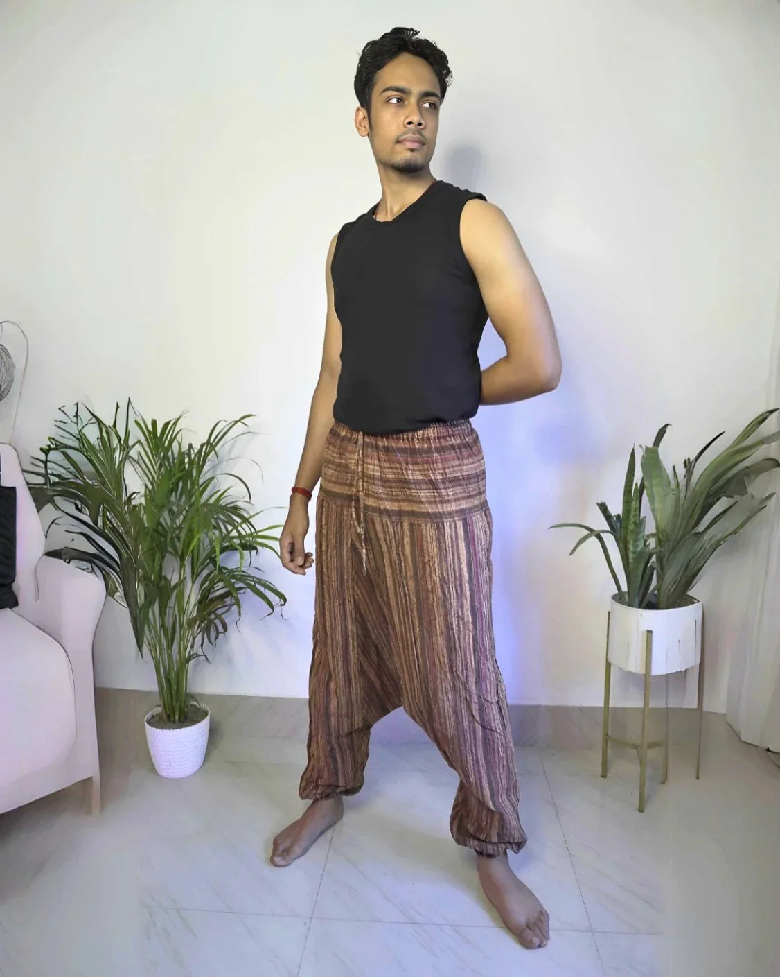 Side pose unisex boho harem pants in brown