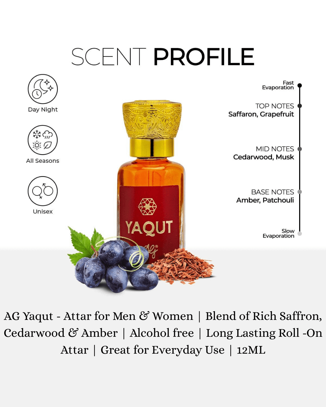 AG Yaqut - Attar for Men & Women | Long Lasting Roll -On Attar | Great for Everyday Use | 12ML