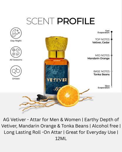 AG Vetiver - Attar for Men & Women | Long Lasting Roll -On Attar | Great for Everyday Use | 12ML