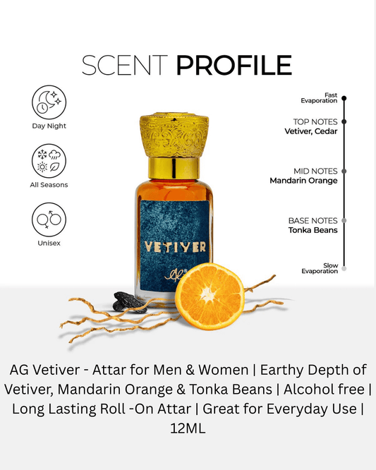 AG Vetiver - Attar for Men & Women | Long Lasting Roll -On Attar | Great for Everyday Use | 12ML