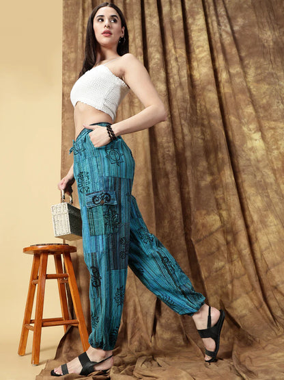Mystic Ocean Nepali Patchwork Boho Free Size Blue Harem Pants