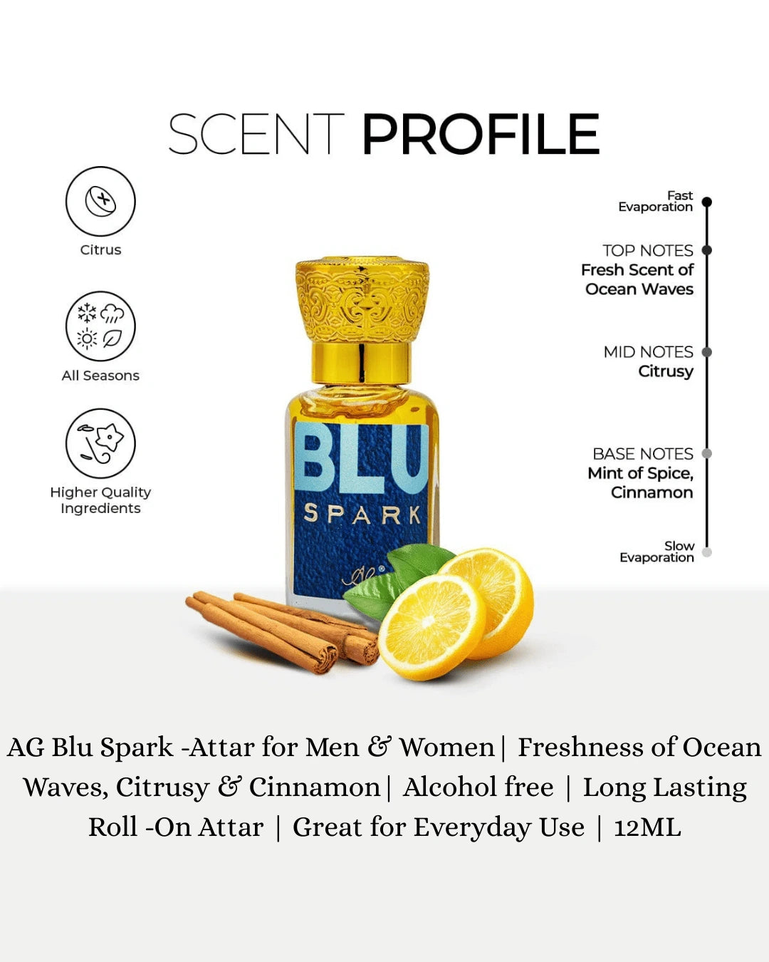 AG Blu Spark -Attar for Men & Women| Long Lasting Roll -On Attar | Great for Everyday Use | 12ML