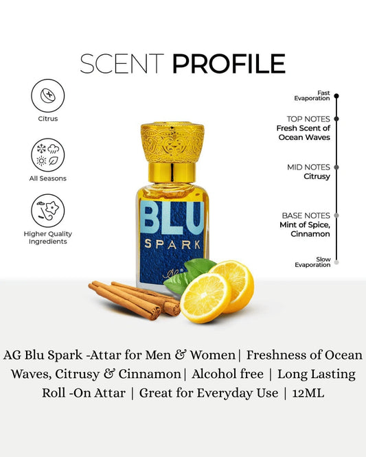 AG Blu Spark -Attar for Men & Women| Long Lasting Roll -On Attar | Great for Everyday Use | 12ML