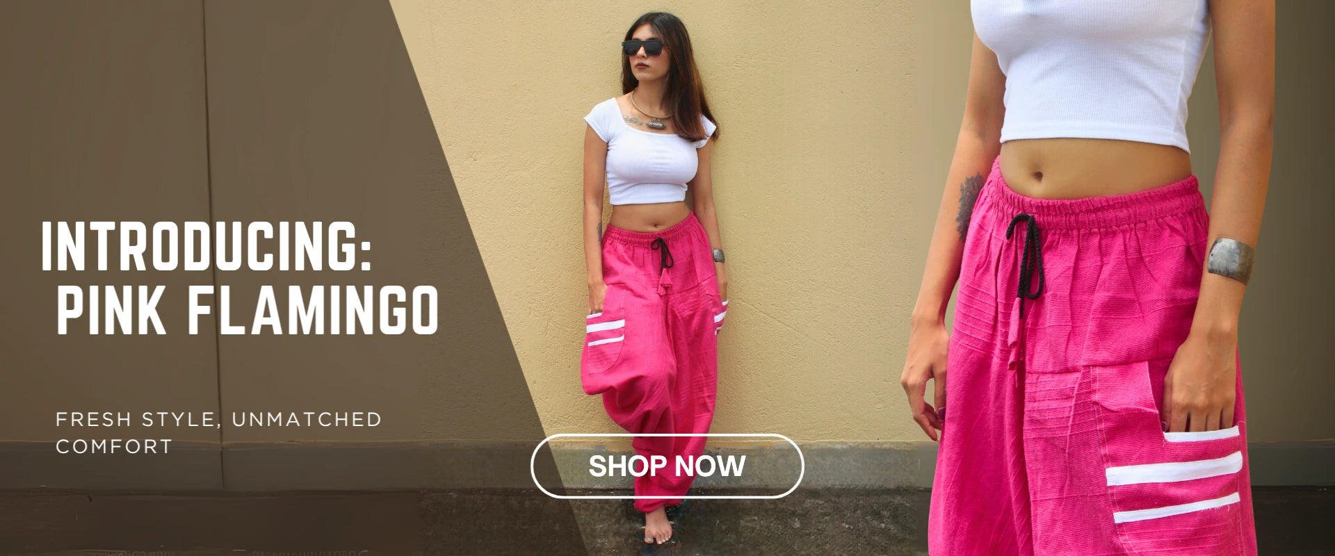 Woman wearing pink pants with white stripes, standing against a beige wall with promotional text.