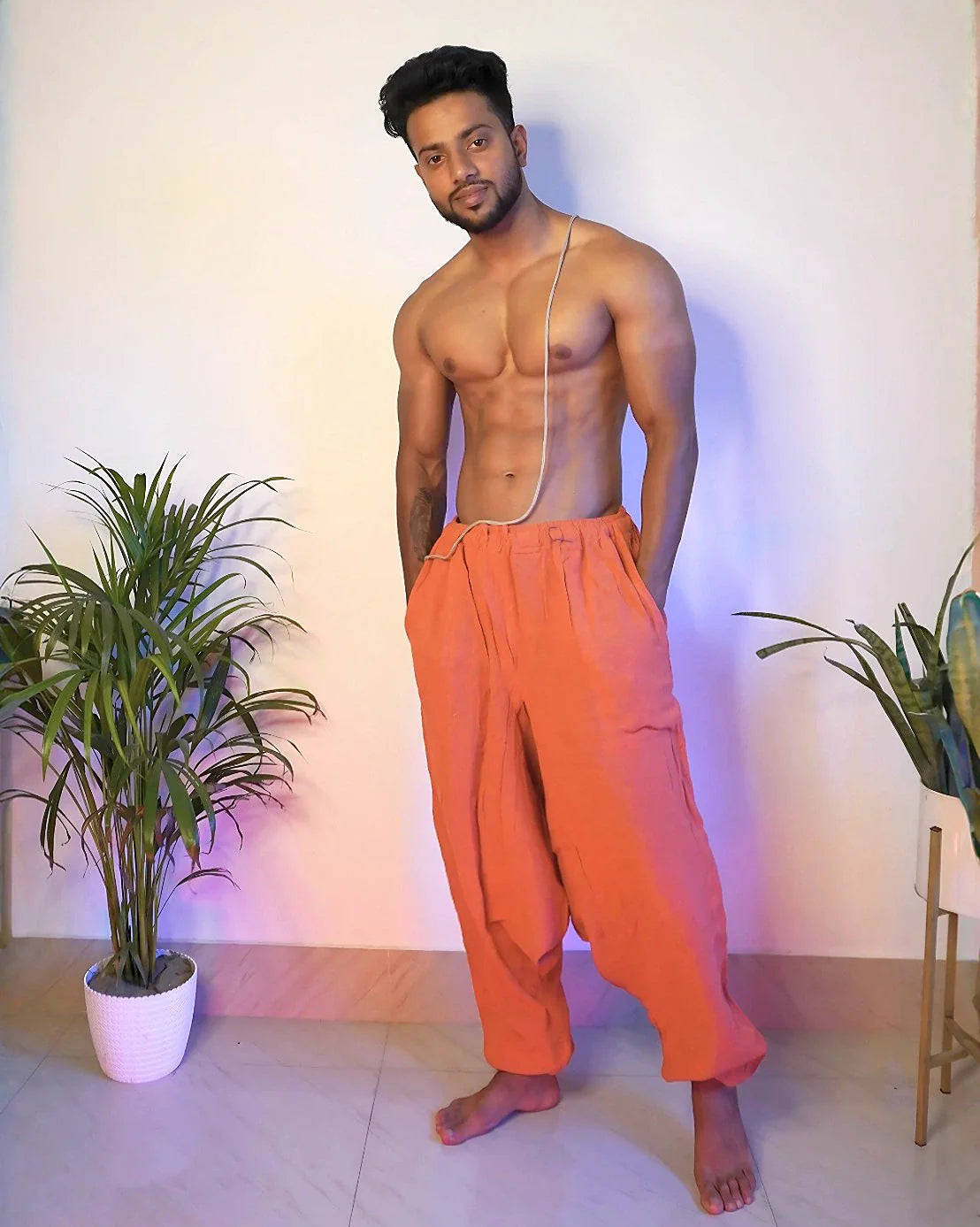 agni-orange-jute-harem-pants-stand-model