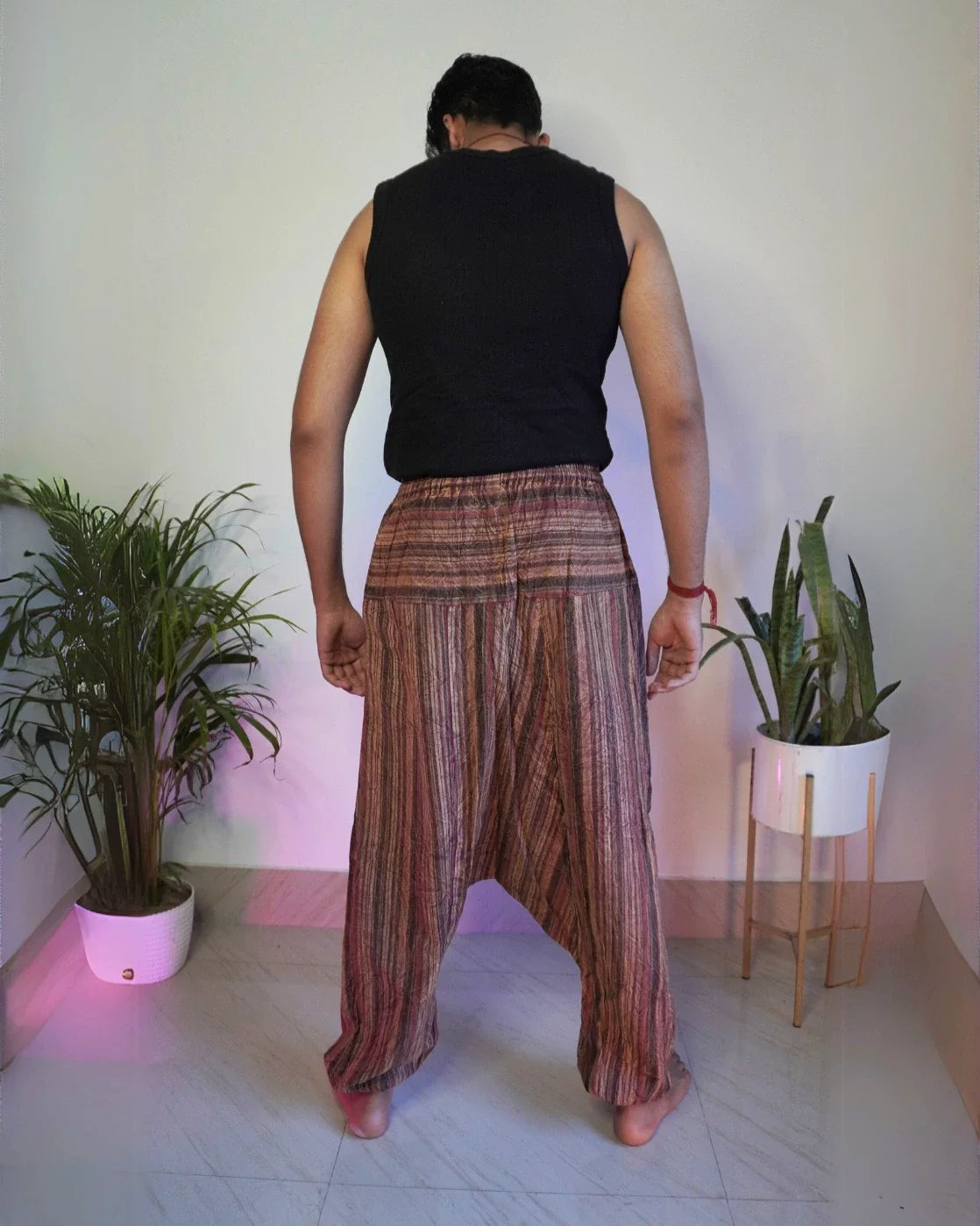 Back view relaxed fit brown harem pants eco-friendly