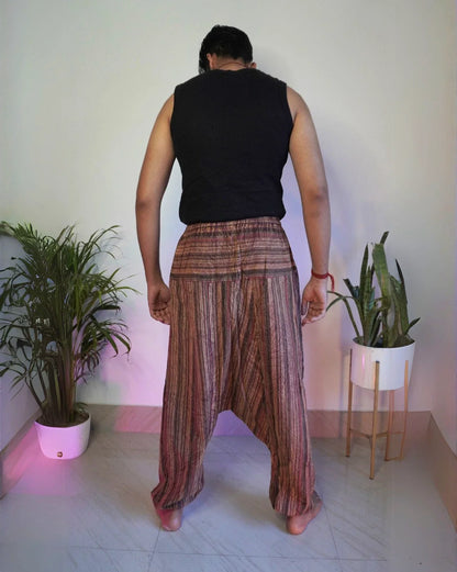 Back view relaxed fit brown harem pants eco-friendly