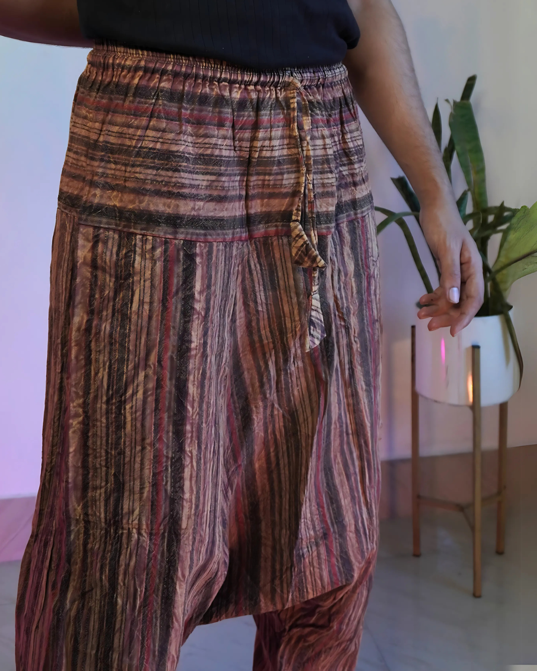 closeup of unisex boho harem pants in brown