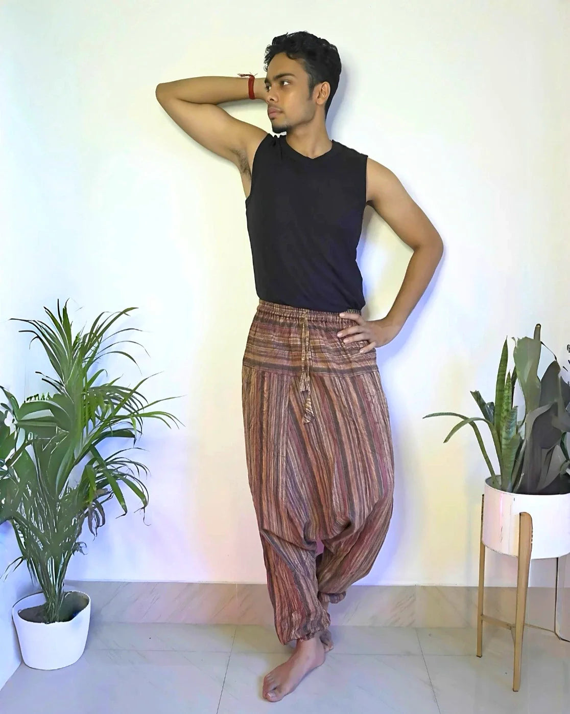 Front view of Dune Drift brown harem pants unisex
