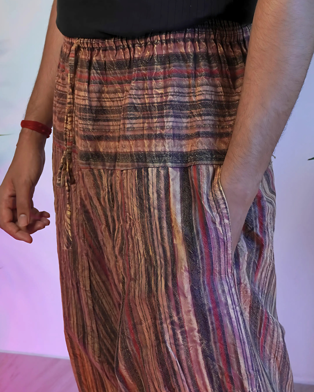 closeup of unisex boho harem pants with pocket in brown