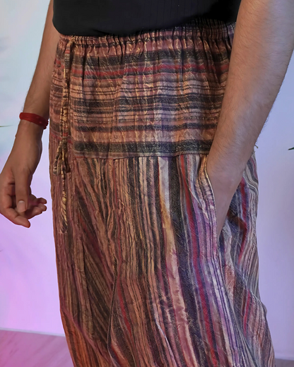 closeup of unisex boho harem pants with pocket in brown