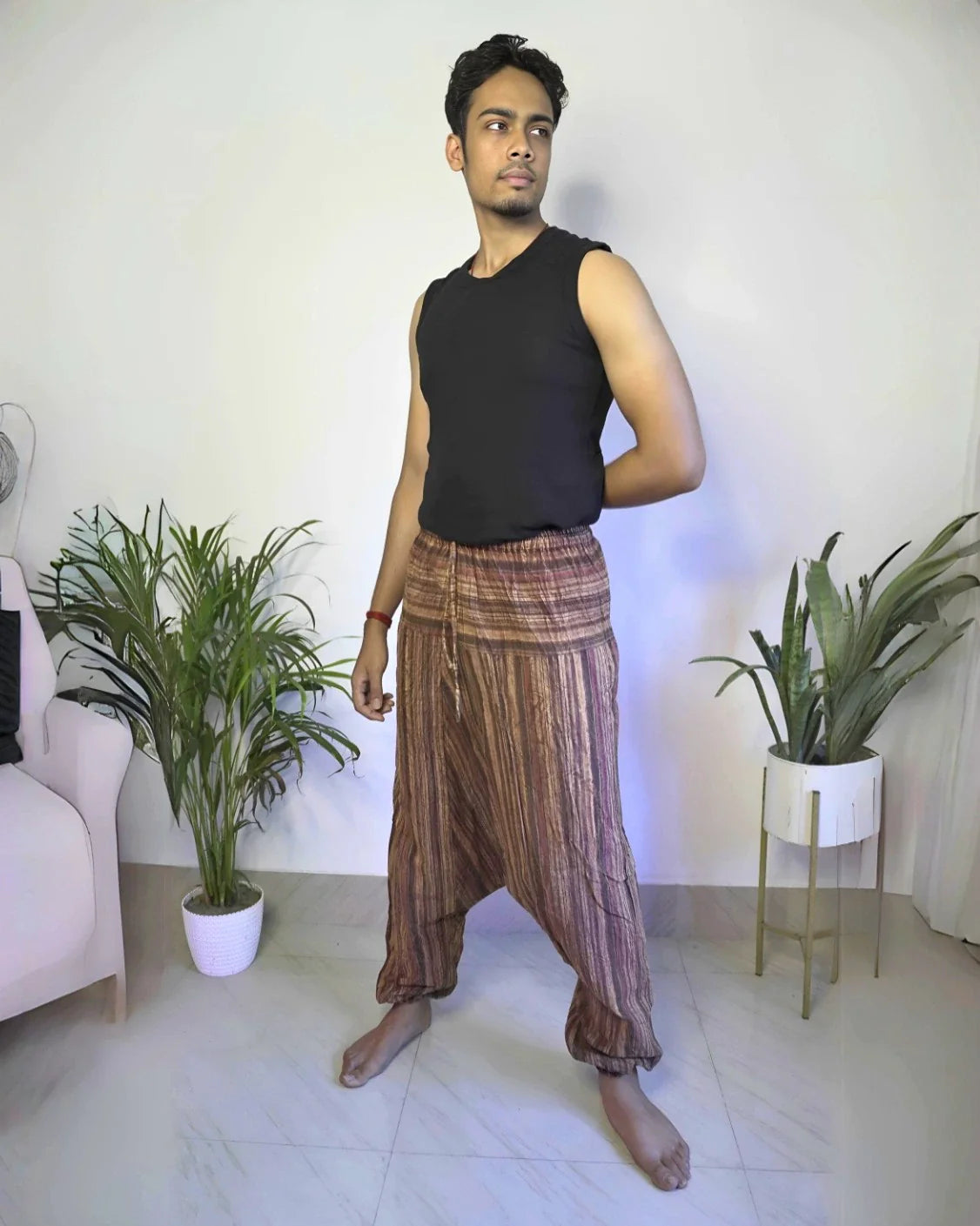 Side pose unisex boho harem pants in brown