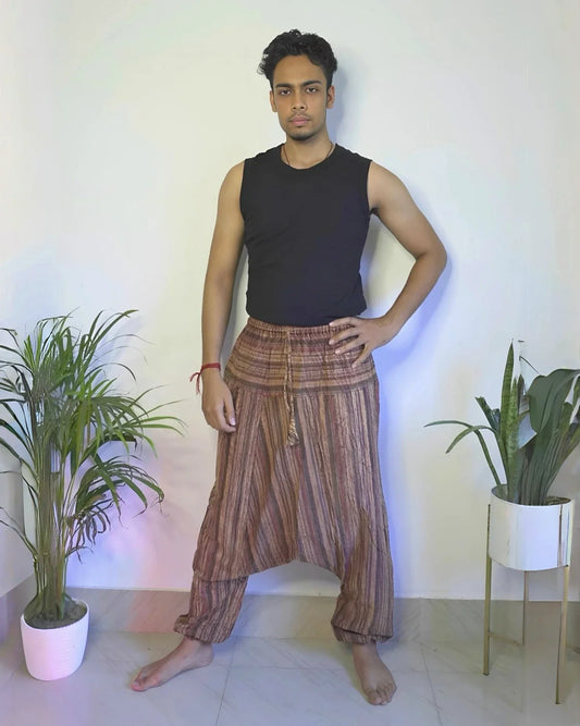 Front view of Dune Drift brown harem pants unisex