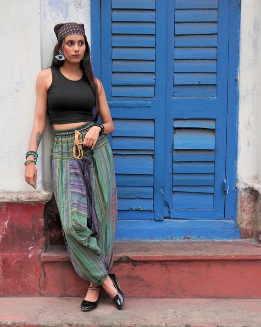 indie breeze green harem pants side view female