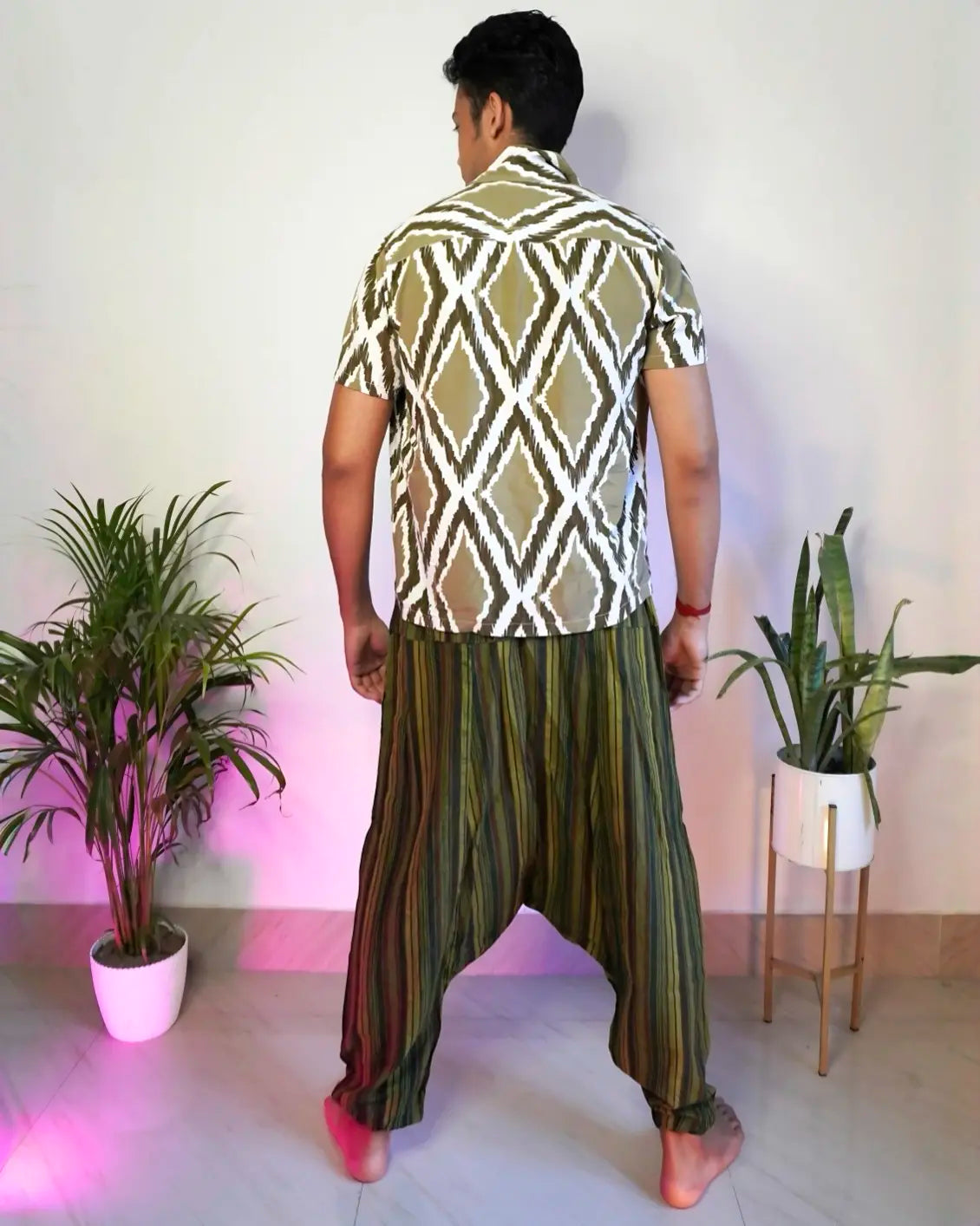 Back design of unisex Jungle Nomad Green Harem Pants by Bohévo