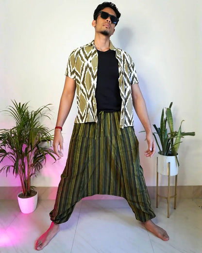 Front view of Jungle Nomad Green Harem Pants – Unisex Boho free-size