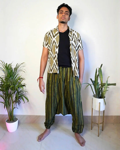 Front view of Jungle Nomad Green Harem Pants – Unisex Boho Harems