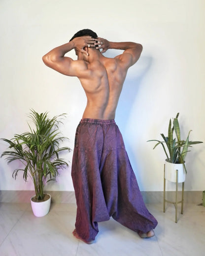 Person wearing wide-leg purple harem pants pants standing in a room with plants.